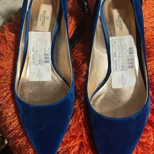 Blue Valentino with blackbatidded strap on velvet shoes